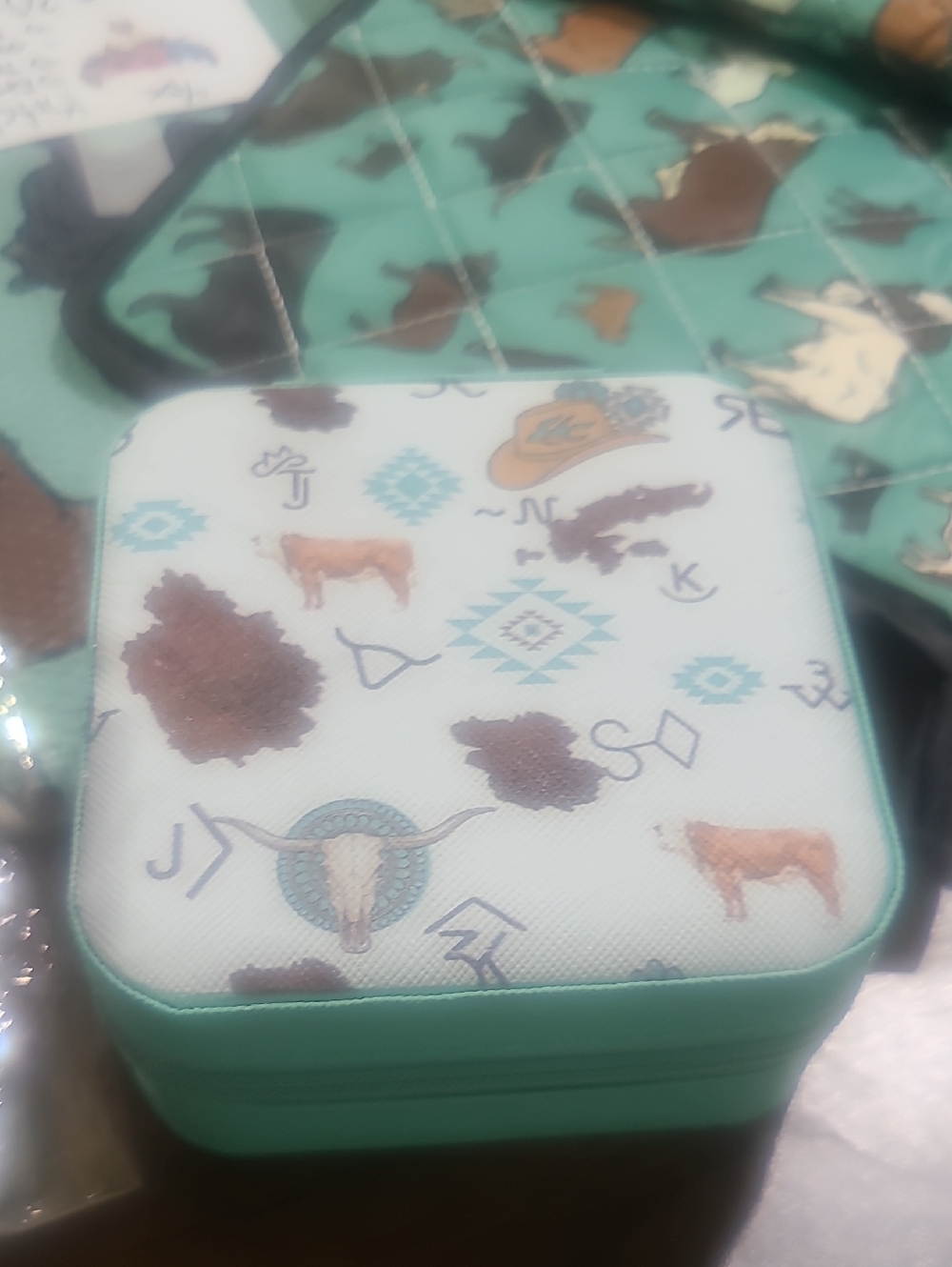 Western Cowhide Patterned Jewelry Box - Turquoise & White